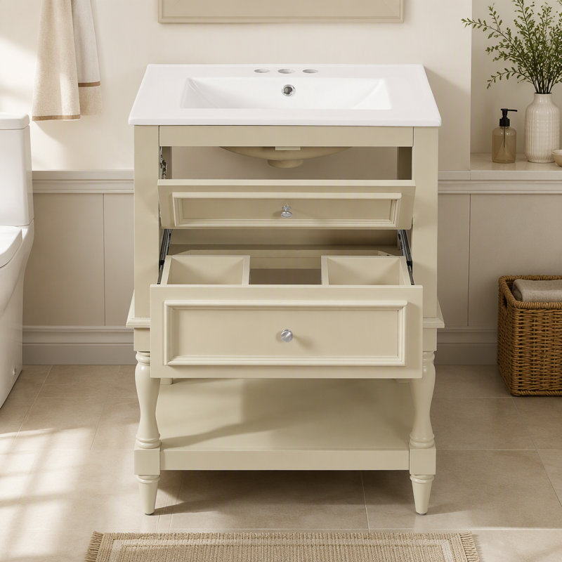 Meuble-lavabo de salle de bain 24 po avec lavabo en céramique, Beige, 24.44"