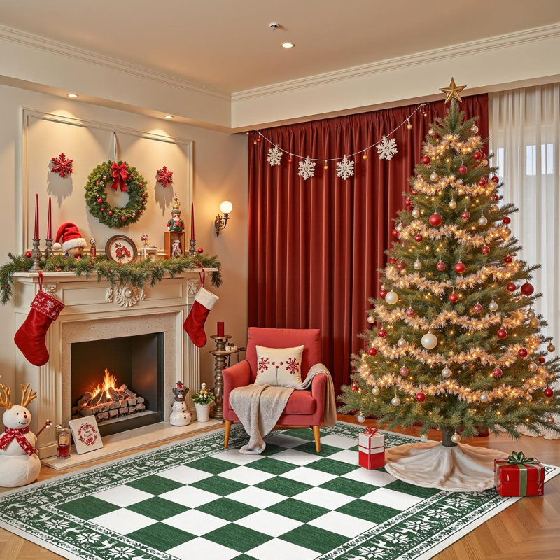 9x12 Checkered Christmas Area Rug, Washable Non Slip Low Pile Rug for Living Room, Green, Rectangle 9' x 12', Green