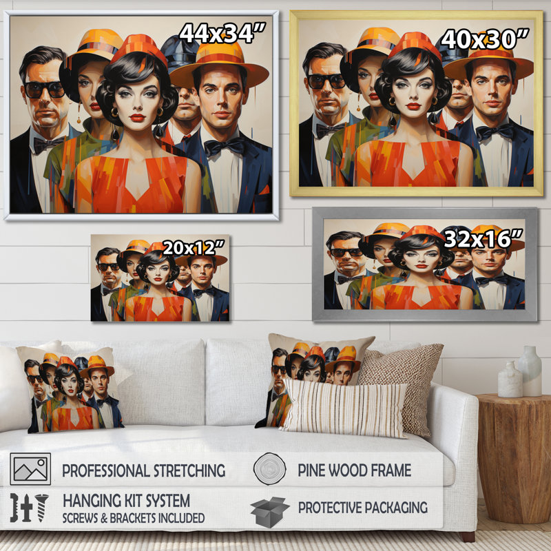 Portraits orange rétro Mid-Century I - impression, H 12 po x l 20 po x P 1 po, Cadre doré à une seule photo