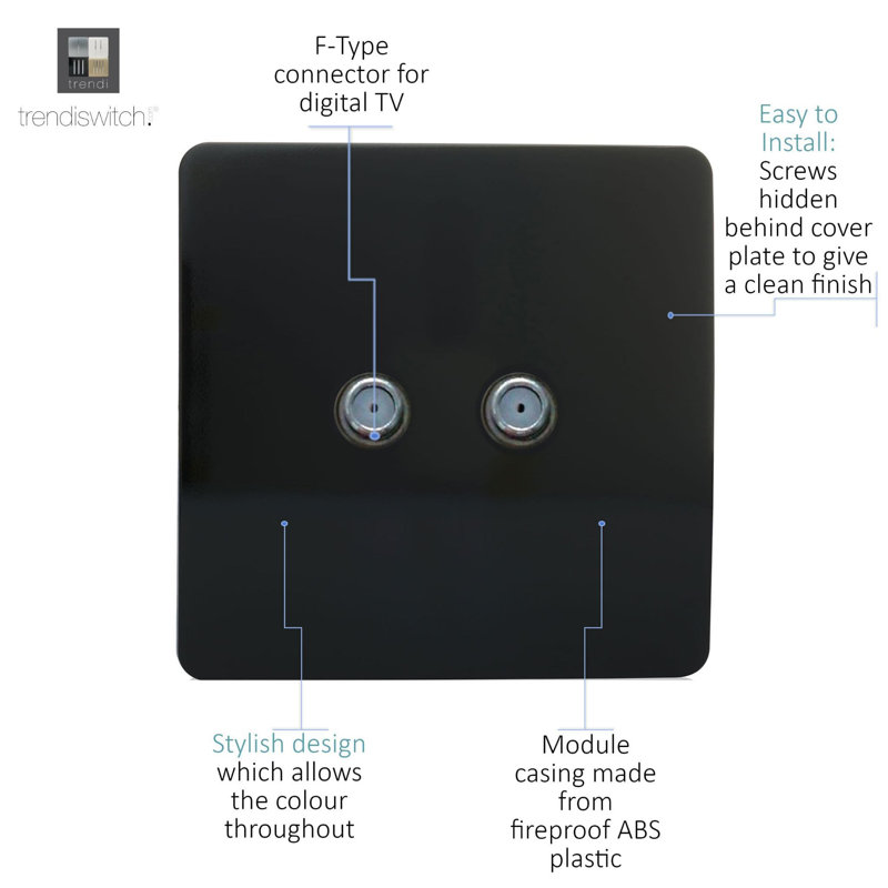 Trendi Switch 2 Gang Male F-Type Satellite Television Socket, Piano Black
