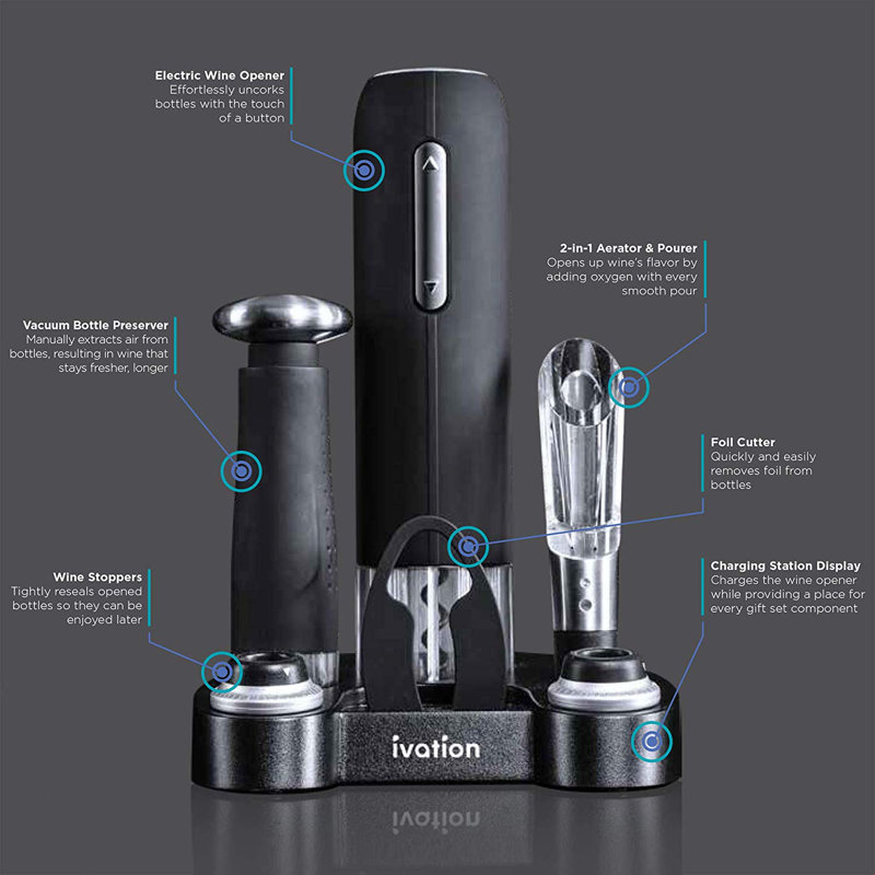 Ivation Black Stainless Steel 7-Piece Electric Wine Opener Set