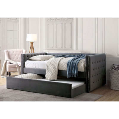 Daybed With Trundle Nailhead Trim Padded Button Tufted Upholstery Tuxedo Design Slat Kit Included
