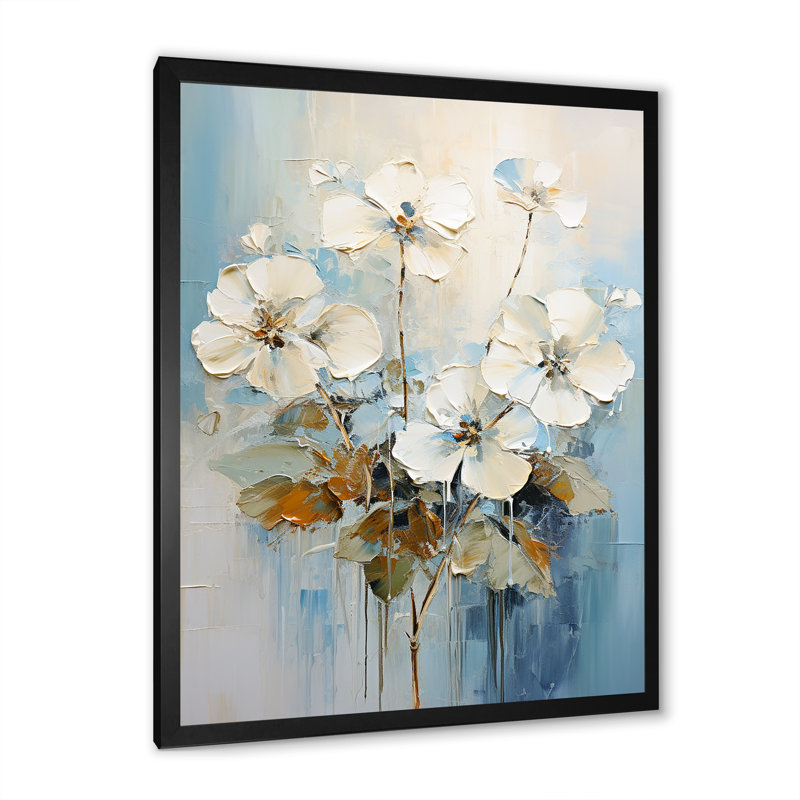 Minimalisme, géraniums bleus et blancs I sur toile, Cadre simple noir, H 40 po x l 30 po x P 1,5 po