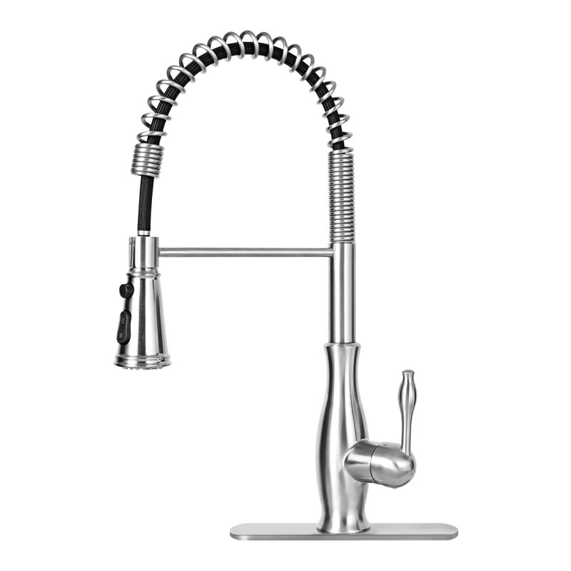Robinet de cuisine avec pulvérisateur rétractable, robinets d'évier de cuisine à ressort à 3 fonctions avec plaque de pont, acier inoxydable 304, installation à 1 ou 3 trous, nickel brossé