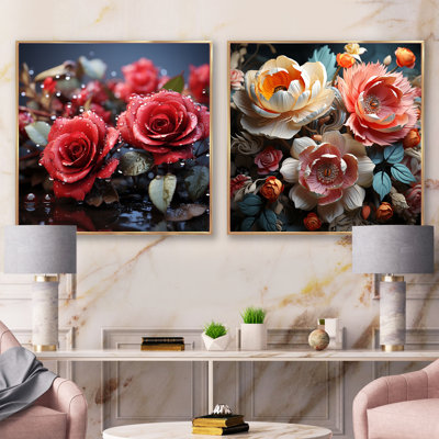 Crimson Rose Passion - Floral Square Collage Set Of 2