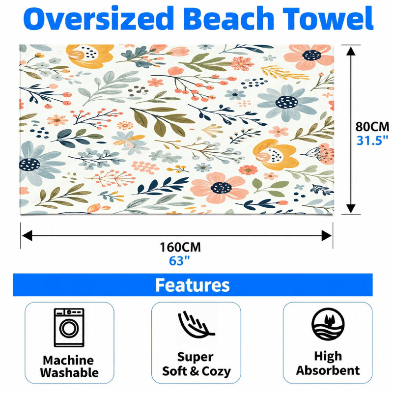 1 serviette de plage florale rétro, conception artistique en microfibre pour les voyages, le camping et les éléments botaniques