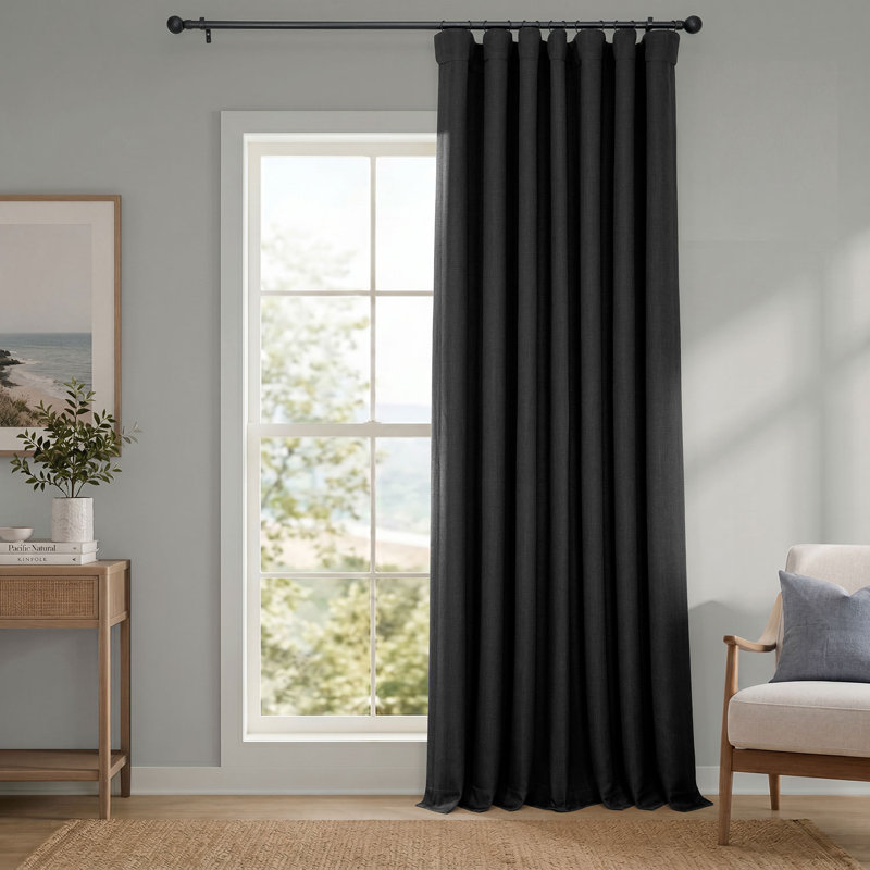 Ottis Faux Linen Room Darkening Curtain Panel, Essential Black, 50" W x 84" L