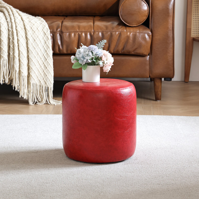11.8In Small Round Faux Leather Upholstered Ottoman, Red