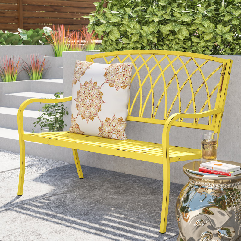 2 Person Distressed Metal Outdoor Bench 2-Seat Patio Garden Park Bench in Multi Colors, Vintage Yellow