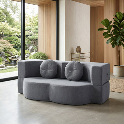 Convertible Cotton Linen Floor Loveseat Sofa Bed with Toss Pillows
