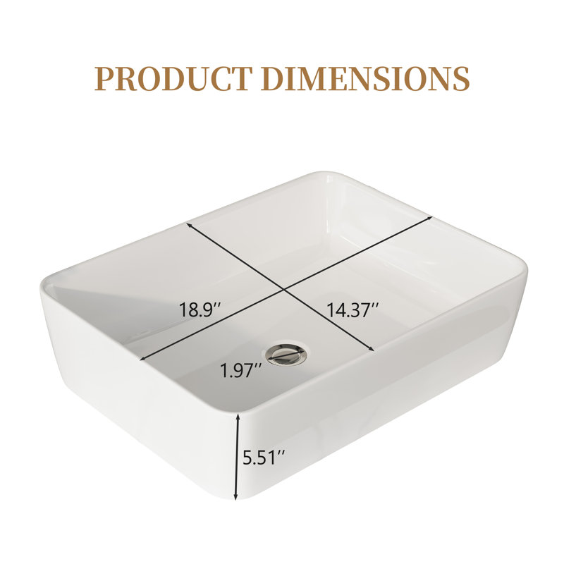 Évier vasque rectangulaire en céramique, H 5,5 po x L 18,9 po x l 14,37 po, pour trou de comptoir de 3,35 po