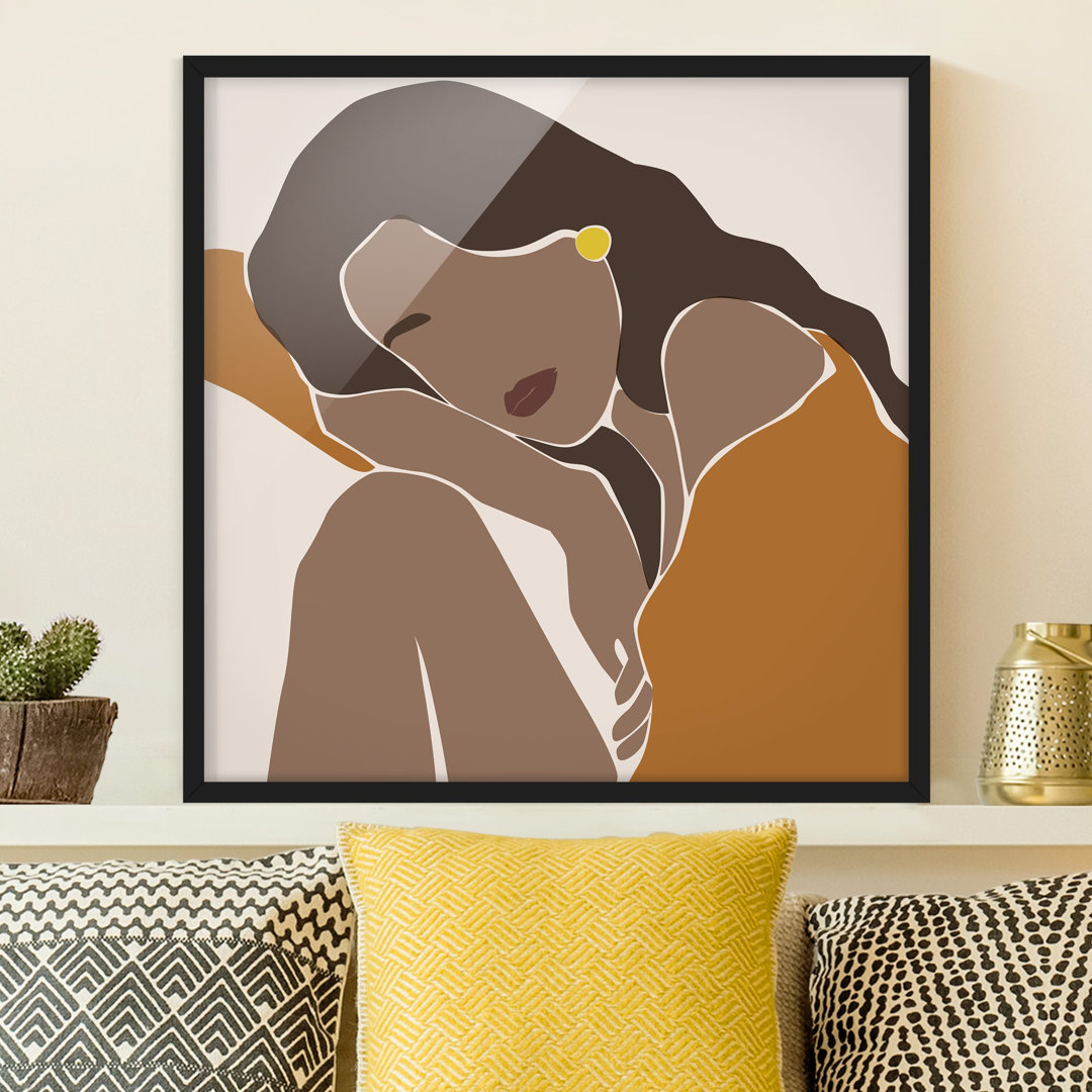 Gerahmtes Poster Line Art Woman Brown Beige