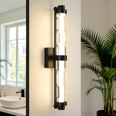 24" Modern Dimmable LED Vanity Light, Matte Black Ribbed Glass Vanity Light with 5 Color Temperatures
