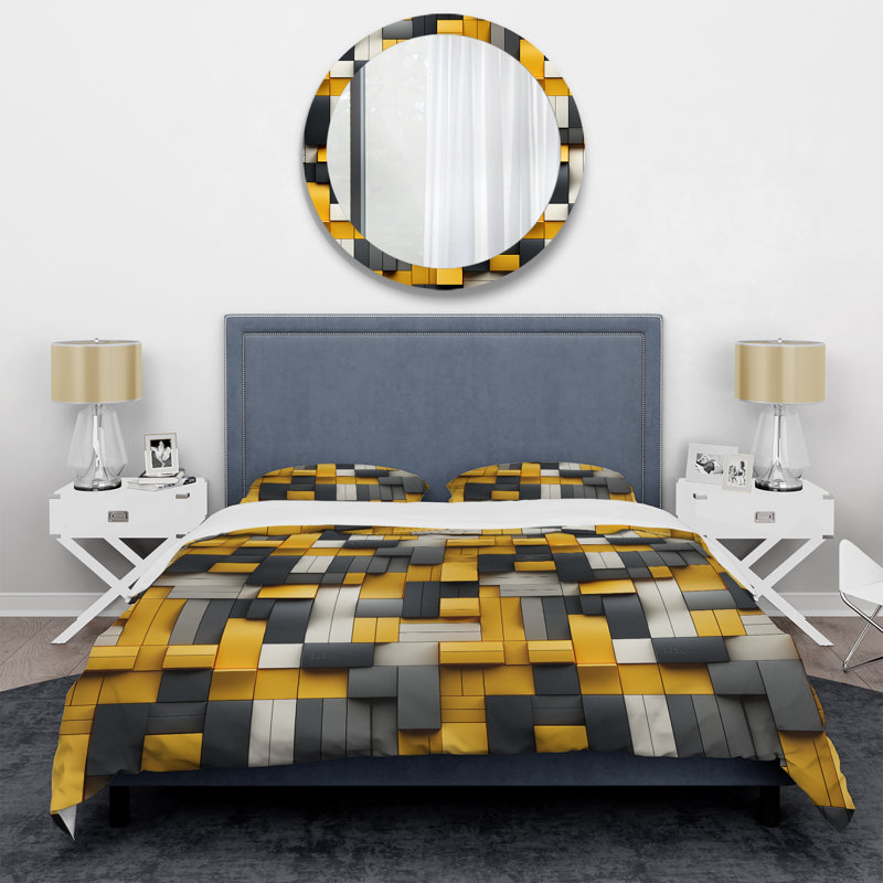 Ensemble de housse de couette jaune et gris en microfibre Harmony I, Housse de couette pour grand lit et 2 taies décor