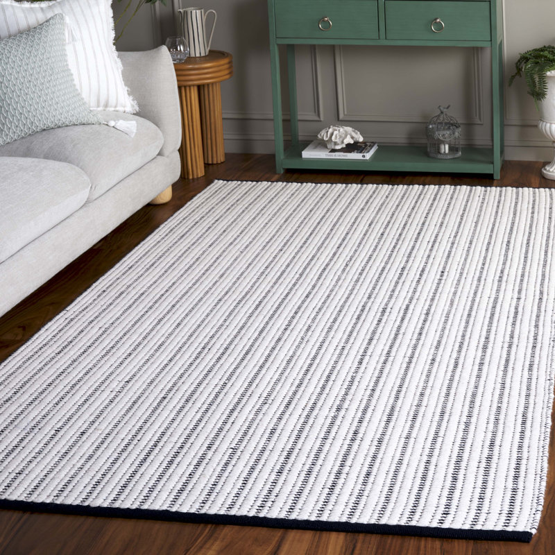 909 Hand Woven Cotton/Wool Striped Rug , Rectangle 5' x 8', Navy/Ivory
