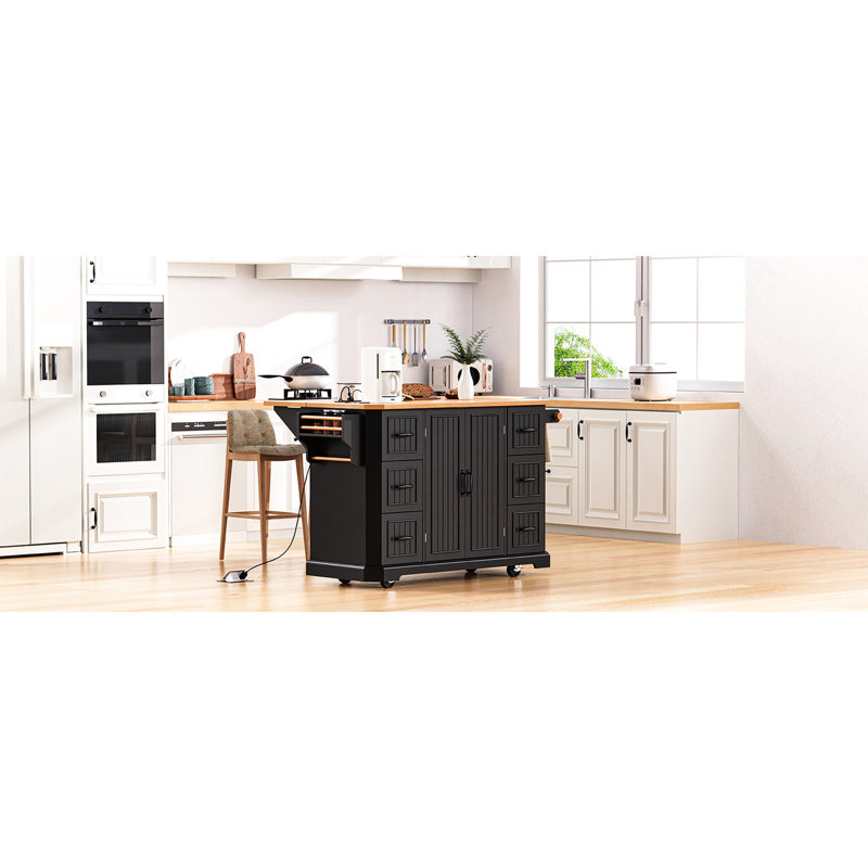 Grand îlot de cuisine avec prise de courant et tablettes réglables avec plateau en bois d'hévéa noir de 47 po et 4 portes