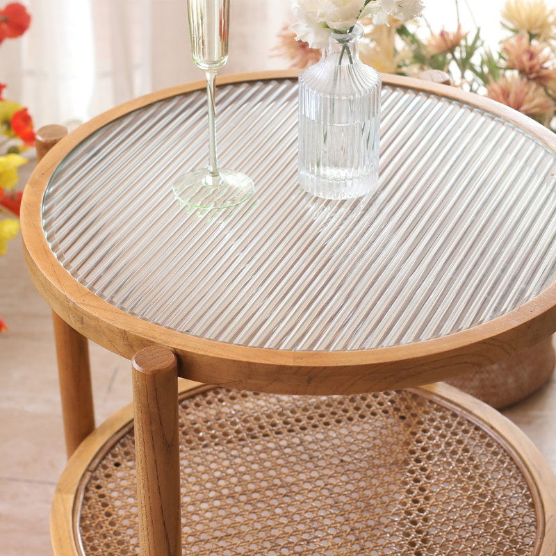 Charie Boho Glass Rattan Wood Round Storage Side End Table