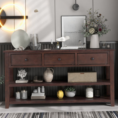 Console rétro avec deux tablettes ouvertes, structure en bois de pin massif et pieds pour le salon (espresso)