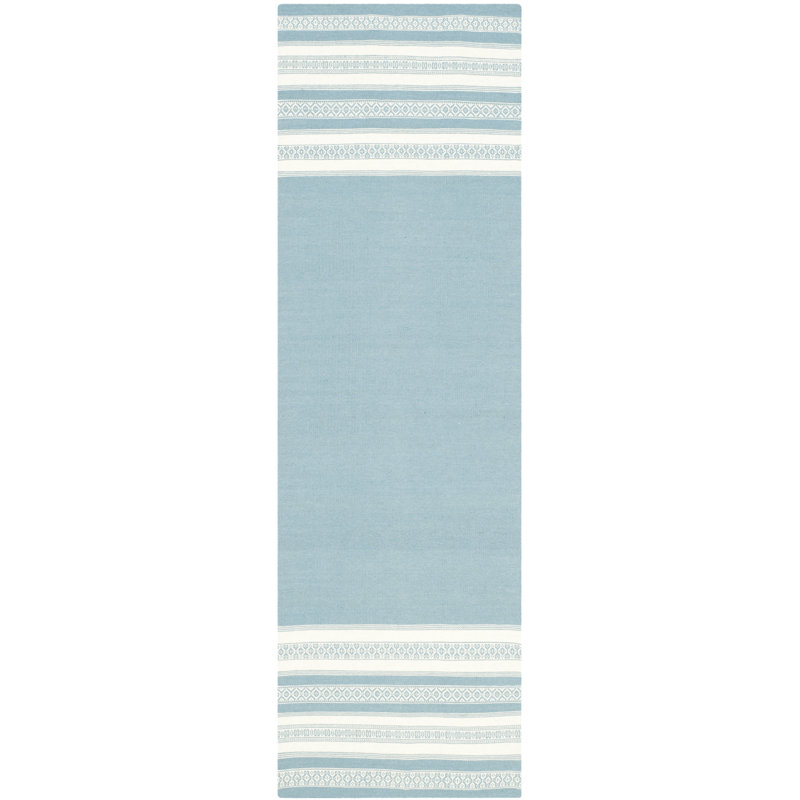 Rodgers Hand Woven Flat Weave Wool/Cotton Striped Rug in Turquoise, Runner 2'6" x 8'