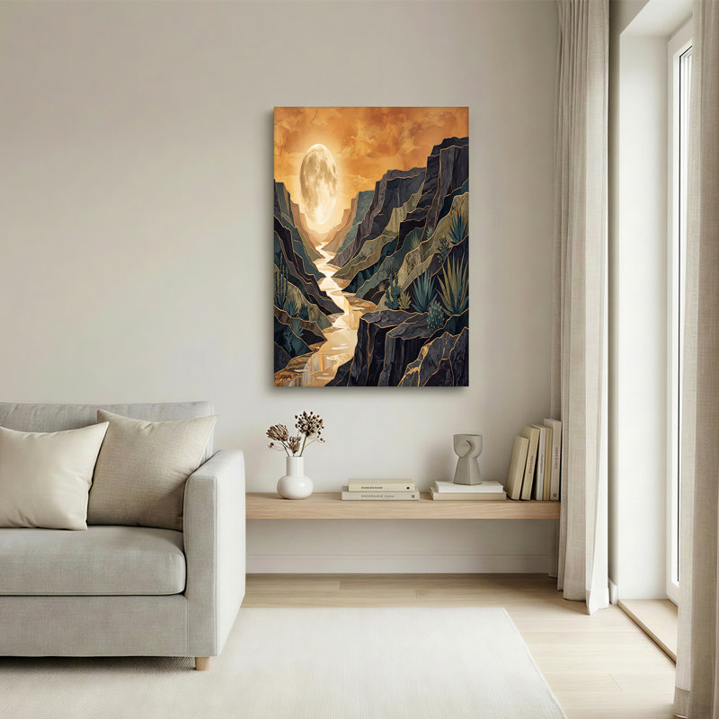 Toile dorée, montagnes superposées avec toile de pleine lune et cactus, H 24 po x l 36 po