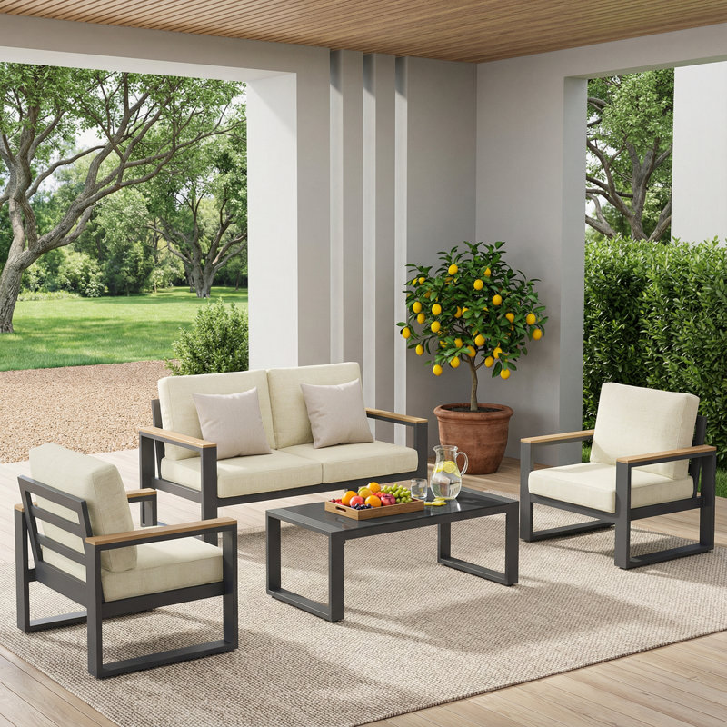 All Aluminum Outdoor Furniture Set for all Weather, 4-Person Patio Furniture Set with Wood Armrest for Skin-friendly Touch, 4-Piece Patio Conversation Set with Removable Cushions
