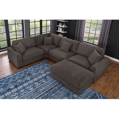 Angellee Modern Upholstered Sectional Sofa 5-seat Modular Wedge Couch w/ Ottoman & 4 Pillows