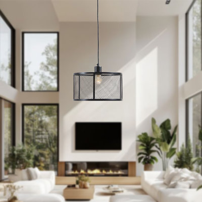 LanternMesh 1-Light Dimmable Industrial Mesh Pendant, Black, Adjustable Height & Sloped Ceiling Compatible for Dining Rooms / Kitchen Islands