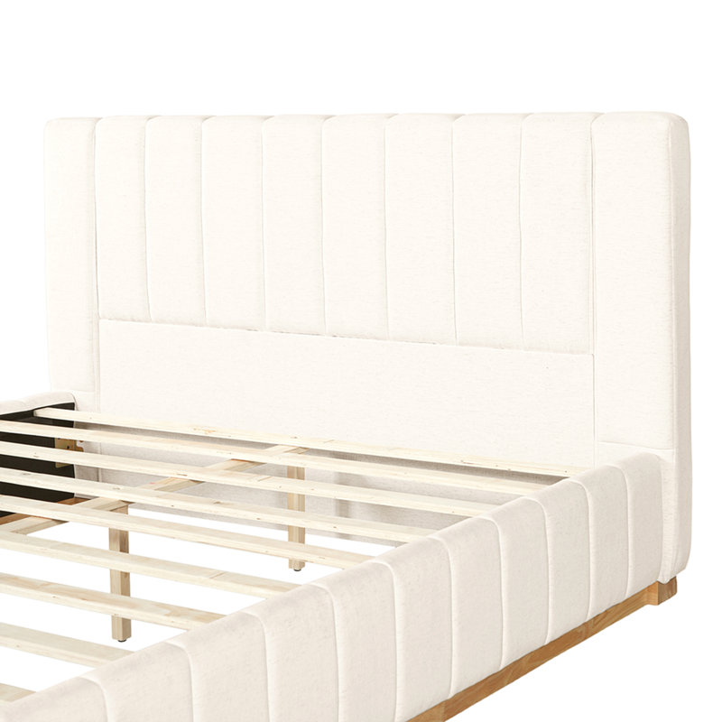 Lit à rayures moderne, minimaliste et élégant en tissu, beige, grand, Grand lit