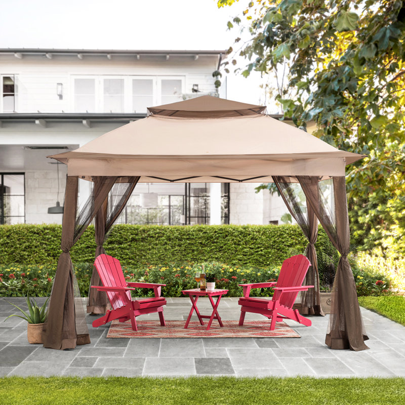 Sunjoy 11 ft. W x 11 ft. D Pop-Up Gazebo, 2-Tier Top Soft Canopy with Mosquito Netting and Carry Bag, Tan