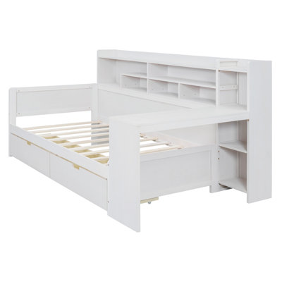 Wooden Twin Size Daybed with Storage Shelves, Multi-functional Bed with Two Storage Drawers and Study Desk