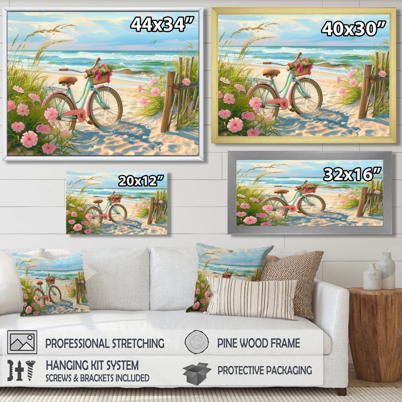 Vélo bleu sur le sentier côtier floral I - impression d'art mural côtier, Toile encadrée blanche avec une seule photo