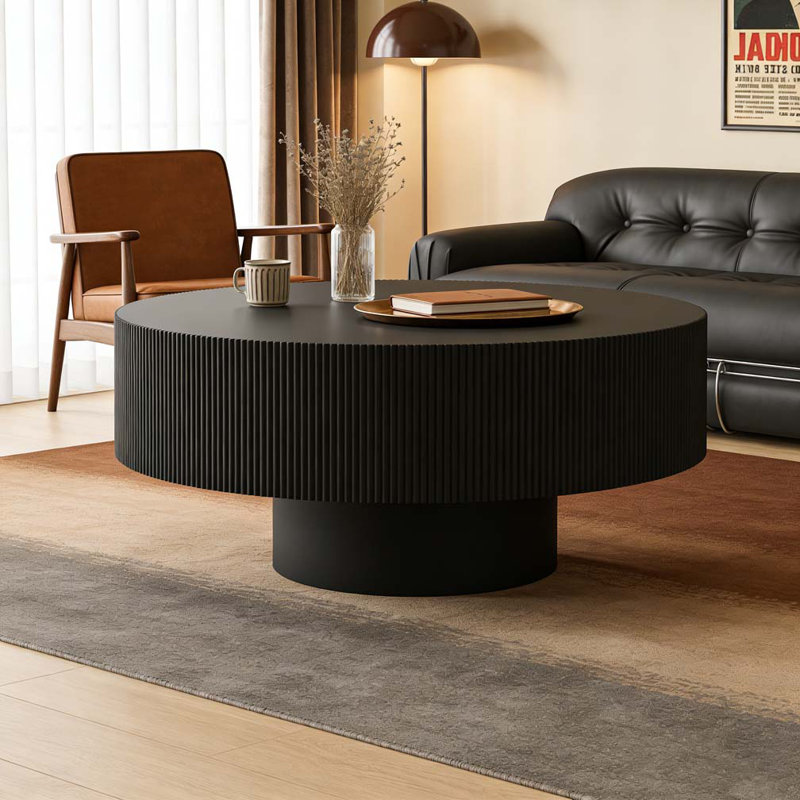 Round Coffee Table with 6.8" Thick Tabletop, Modern Drum End Table, 13.7" H x 31.5" L x 31.5" W, Black