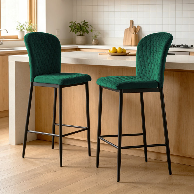 Modern Velvet/Suede Diamond-Tufted Upholstered Bar Stool, Armless Counter Height Stool with Sturdy Metal Legs (Set of 2/4), 2