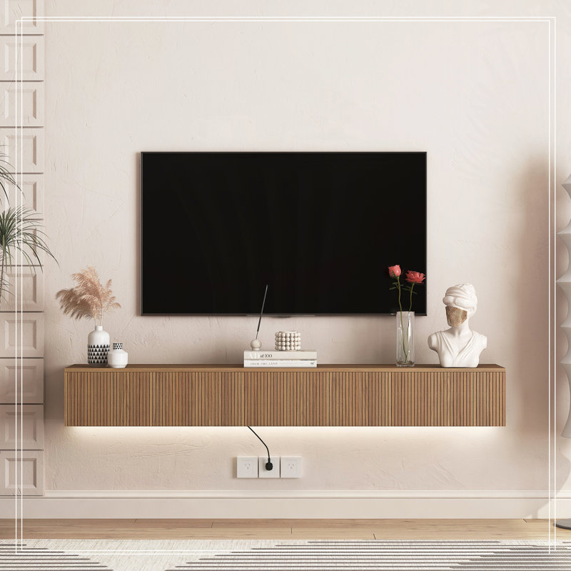 Floating TV Stand Wall Mounted with 16 Color LEDs, Large Storage Space for Modern Entertainment Centers, Wood