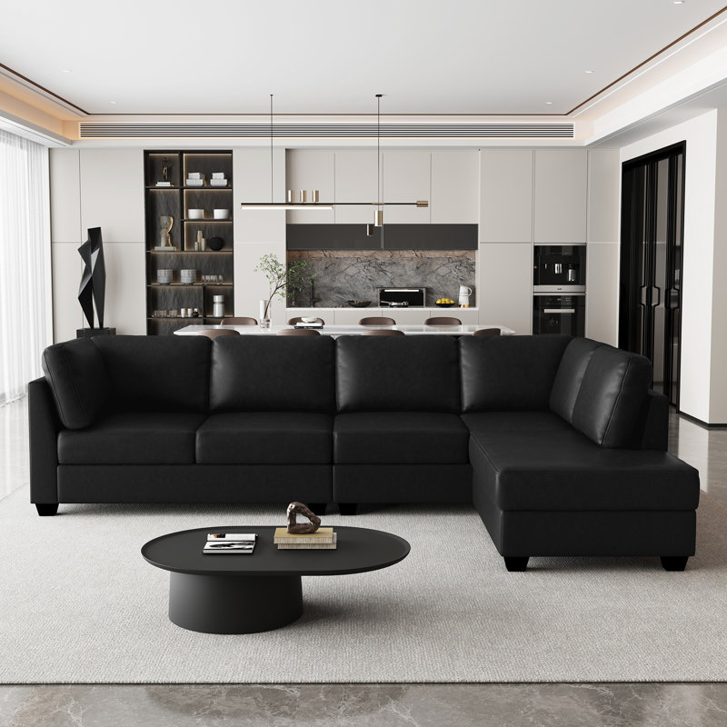 Canapé modulaire en L en similicuir, Similicuir noir, Orienté à droite