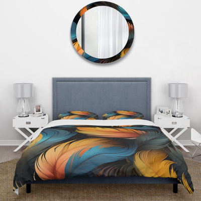 Orange And Teal Feather Avian Elegance - Animal Print Duvet Cover Set