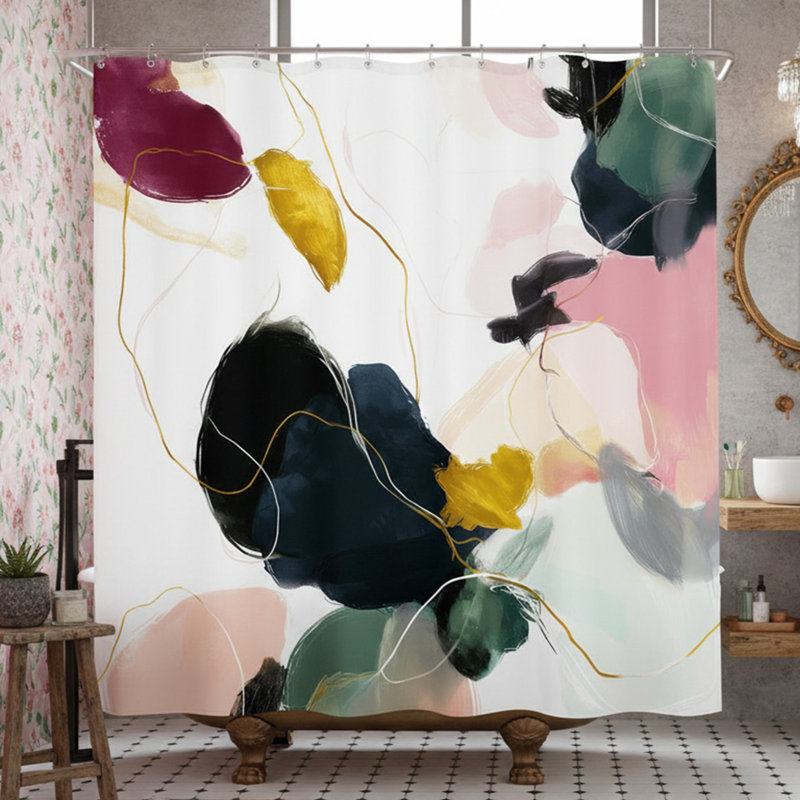 Ensemble de rideau de douche abstrait aquarelle noir et rose avec crochets 72 po x 72 po