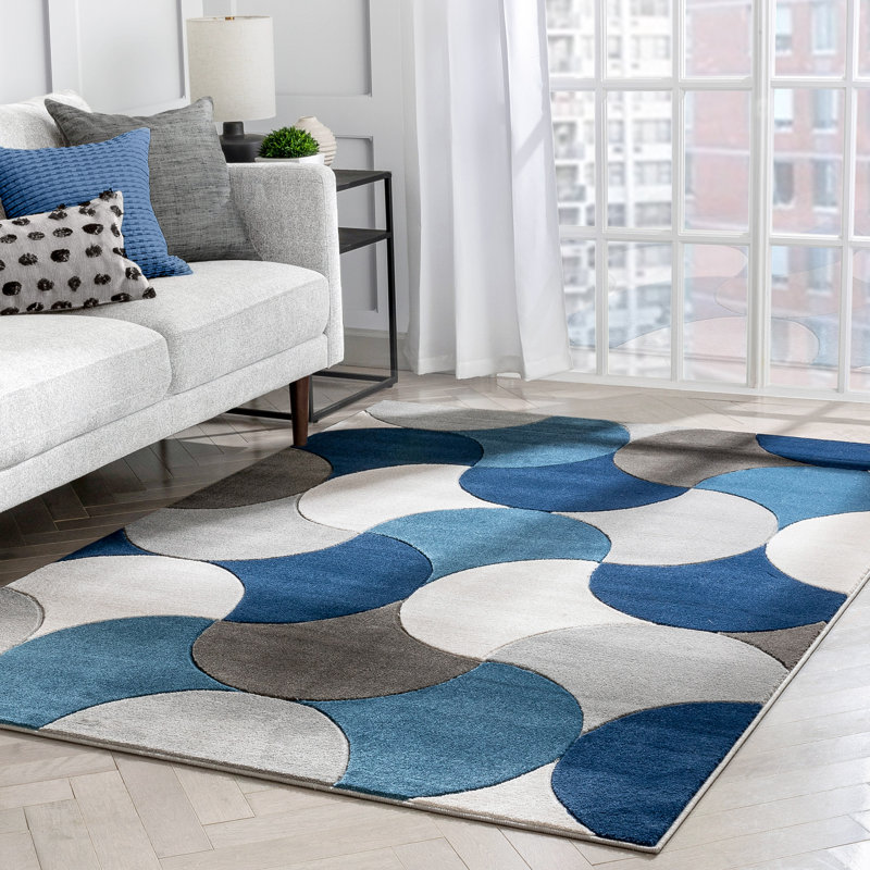 Tapis géométrique rectangulaire bleu en polypropylène tressé à la machine, Rectangle 9 pi 3 po x 12 pi 6 po