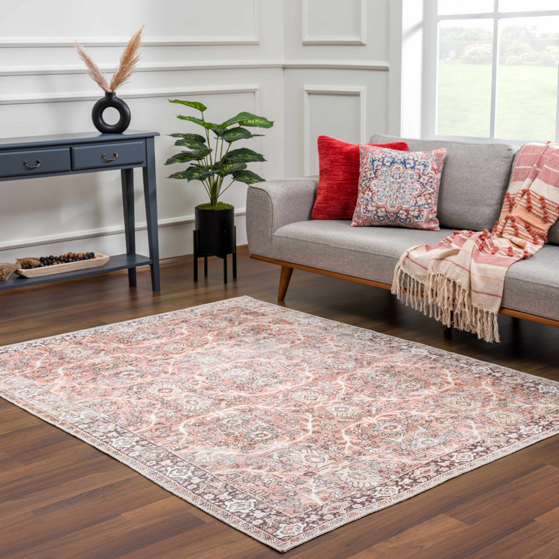 Tapis oriental rectangulaire en polyester tissé à la machine en terre cuite Shylyn, Rectangle 7 pi 10 po x 10 pi 2 po