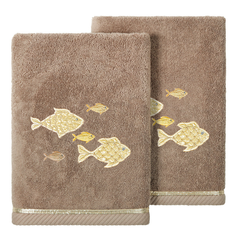 FIGI 2PC Embellished Hand Towel Set Turkish Cotton Hand Towel, Cocoa