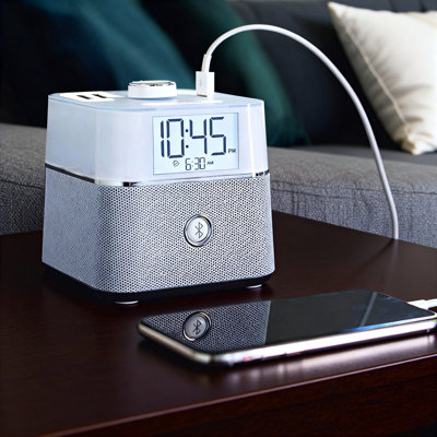 Réveille-matin avec haut-parleur Bluetooth, 2 prises inviolables (blanc)