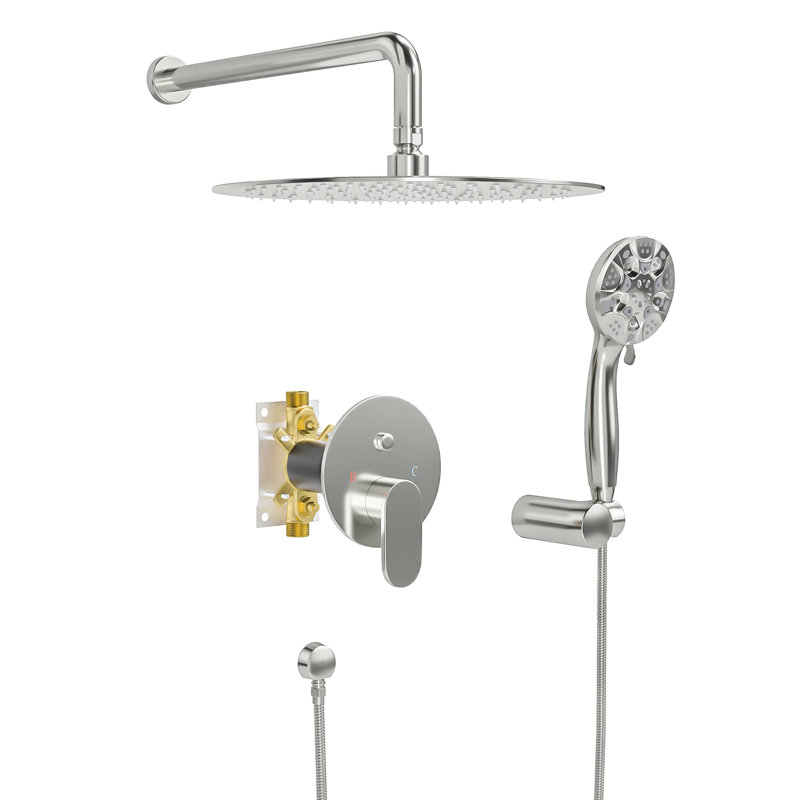 Système de robinet de pomme de douche rond en acier inoxydable 10 "avec valve brute, Nickel brossé