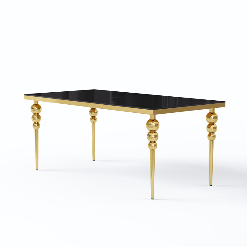 70" Rectangular Dining Table Set With Modern Luxury Gold Stainless Steel Gourd Legs Withtempered Glass Tabletop, Streamlined PU Leather Chairs With Gold Ball Accents