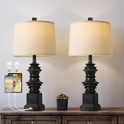Farmhouse Table Lamps Set Of 2 With USB A+C Charging Ports, 3 Colour Temperature Modes, White Fabric Shade, Eye Protection LED Light For Bedroom Nightstand Living Room