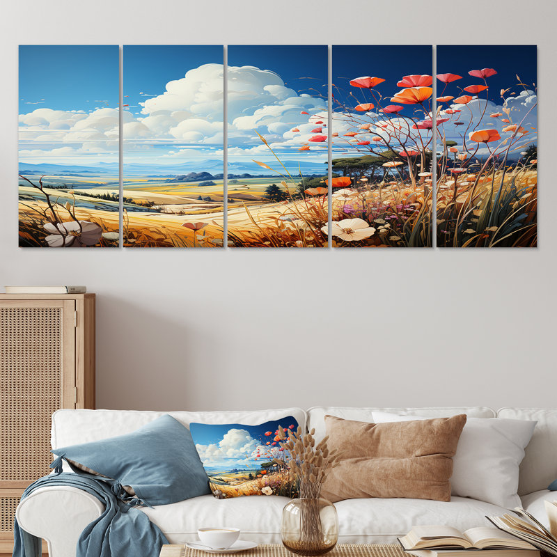 «Blooming Poppies In The Meadow», art mural prairie 5 pièces, H 32 po x l 60 po