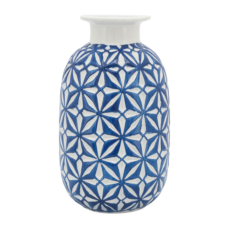 Decorative Ceramic Geometric Table Vase for Home Decor - Patterned Flower Vase for Shelf Styling and Living Room Display, Blue