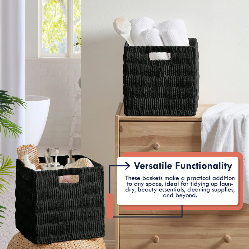 Ensemble de 2 bacs de rangement en osier, Noir, H 10,5 po x l 10,5 po x P 10,5 po
