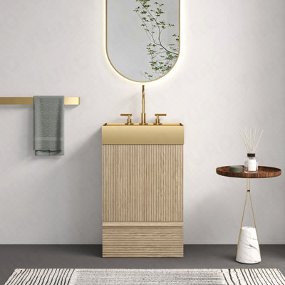 Meuble-lavabo rayé en chêne clair 20 po avec lavabo vasque en métal doré brossé intégré, armoire de salle de bain autoportante pour salle de bain moderne, lavabo une pièce en métal doré sans robinet, Kd