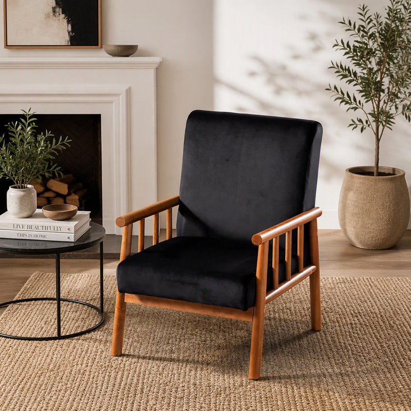 Fauteuil de style Mid-Century moderne de 25 po de large avec structure en bois massif et siège rembourré, Velours noir