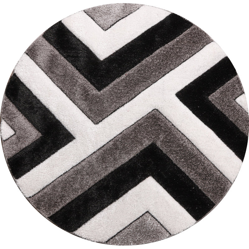 Hajredin Collection Black/Grey Abstract Angle Area Rug, 8' X 10', Round 7'7"
